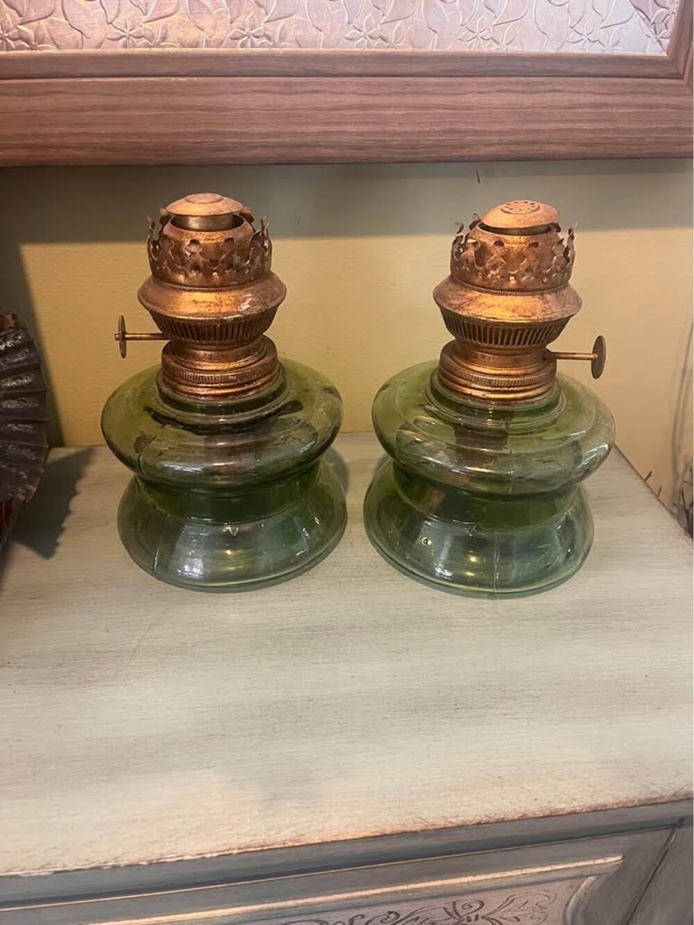 Set Of Vintage Oil Lamps; Green Glass Bottom; Made Indonesia